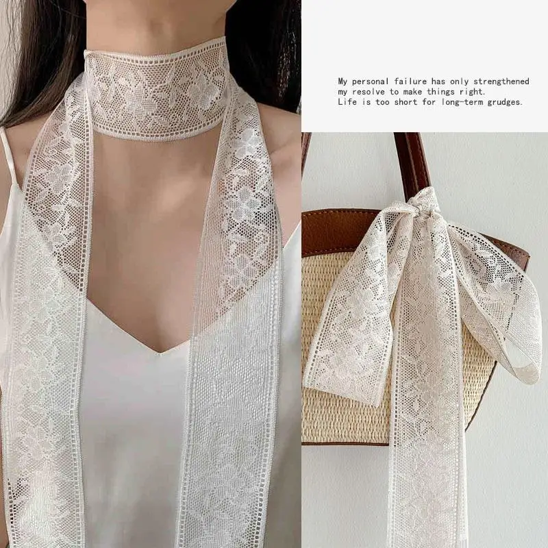 

Retro Lace Long Scarf Fairy Tassel White Woven Floral Headscarf Bohemia Embroidered Headband Crochet Sweet Kerchief Ribbon Scarf