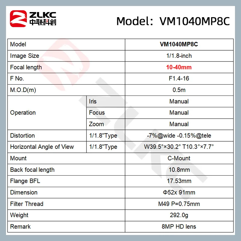 ZLKC 10-40mm Varifocal Lens 1/1.8' CCTV 8Megapixels Manual Iris F1.4 C-Mount Lens Machine Vision Cameras Low Distortion