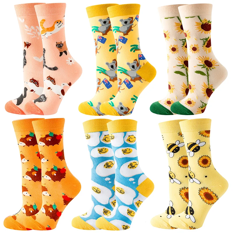 Fashion Colorful Autumn Winter Stocking Women's Socks Plant Hedgehog Slothsi Cotton Socks Personality Straight Trendy Socks