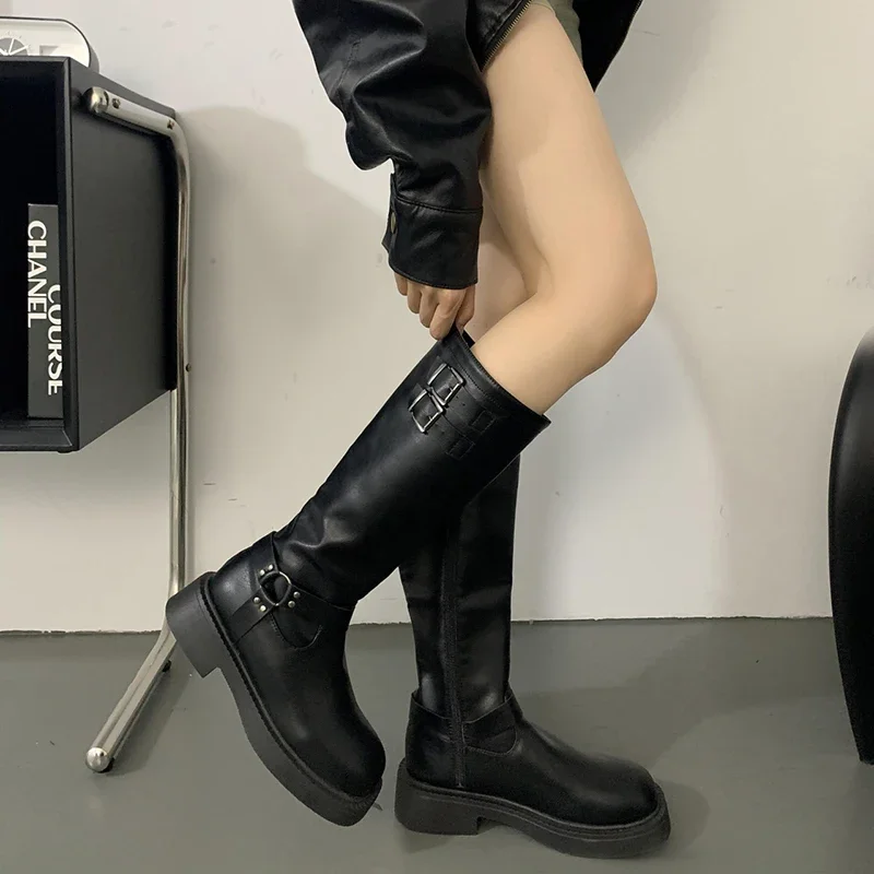 Retro Style Women Knee High Boots Fashion Belt Buckle Knight Long Boots Platform Heels Autumn Winter Ladies Shoes