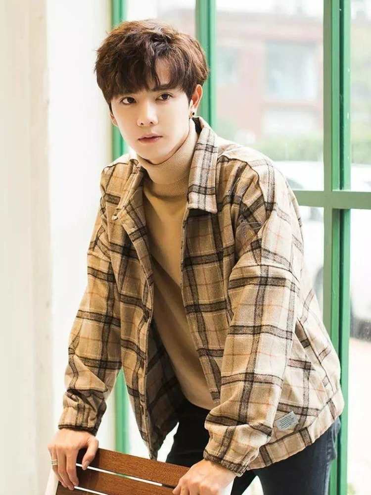 ​Korean Style Men's Wool Baseball Jacket Checkered Design Spring Autumn Ins Trendy Coat​