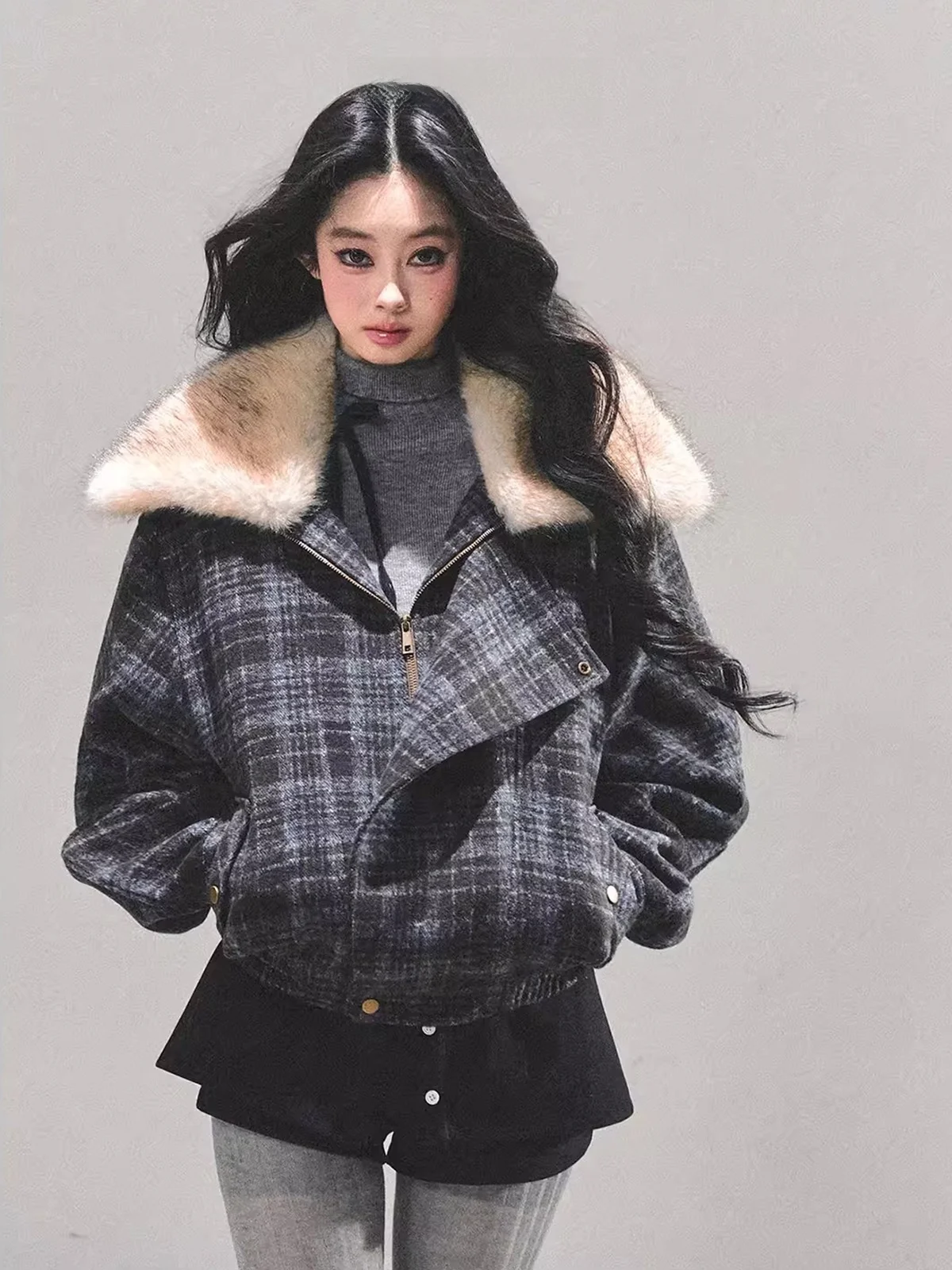 

Aomalm Thiened Plaid Cotton Jaet Women's Loose Winter Top Hepburn Sle Commute Wind Stand Edition Polyester Fabric