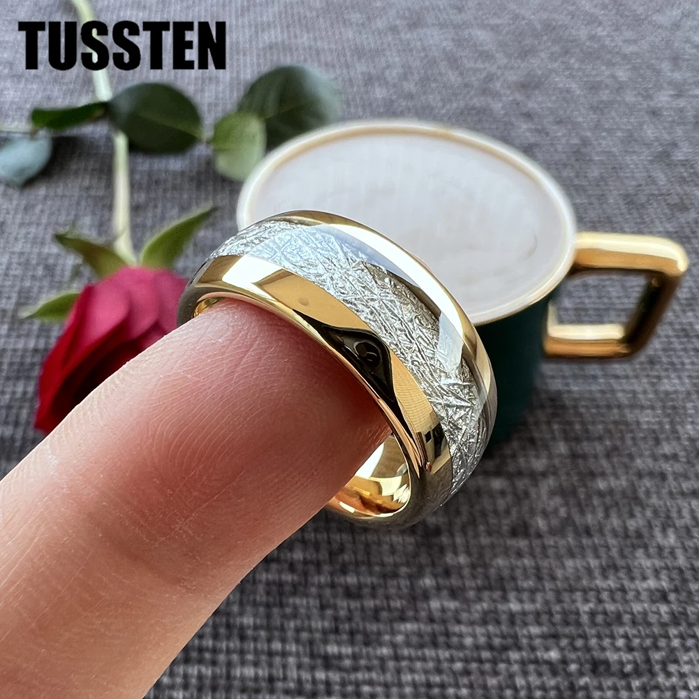 TUSSTEN  4/6/8MM Tungsten Mens Rings Women Wedding Band Bright Meteorite Inlay Domed Polished Fashion Jewelry