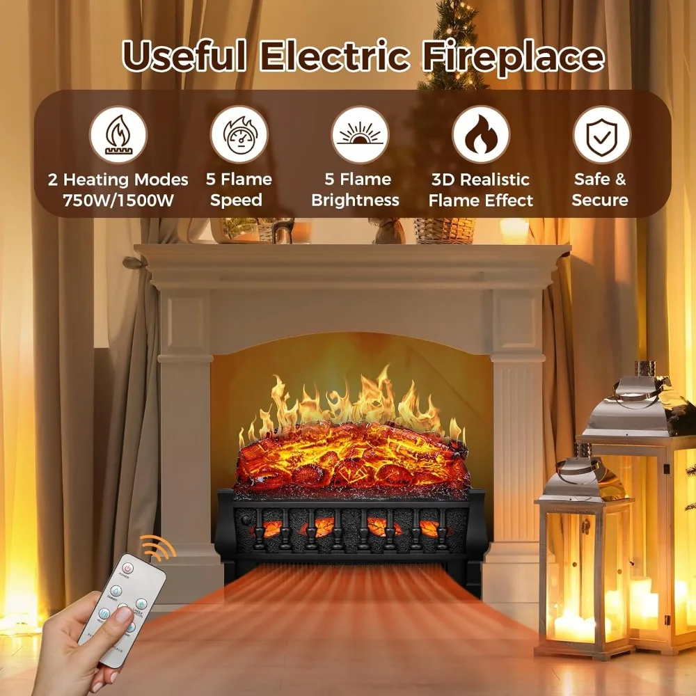 Electric Fireplace Insert Log Heater 21",750W/1500W Adjustable 5 Flame Brightness&Speed, Fireplace Insert with Realistic Ember