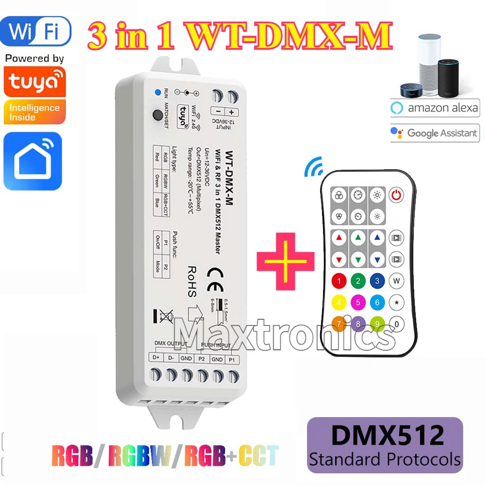 3 in 1 WT-DMX-M DMX512 Master Tuya WiF RGB/RGBW/RGB+CCT LED Pixel Rich Dynamic Effects With Google Alexa Smart Life / R9 Remote