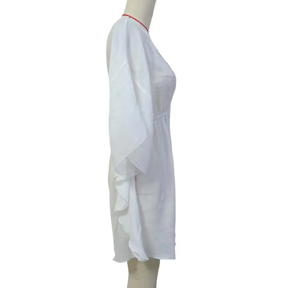 2025 nuevos colores sólidos cuello en V encaje manga corta túnica playa cubrir encubrimientos Vestido de playa ropa de playa ropa de playa mujer