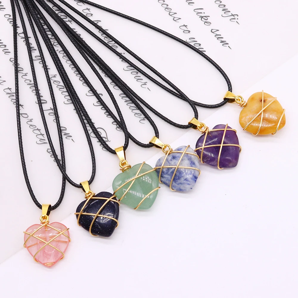 Charm Women's Crystal Necklace Pendant Natural Stone Wrapped Love Rose Quartz Tiger Eye Stone Spiritual Healing Couple Jewelry