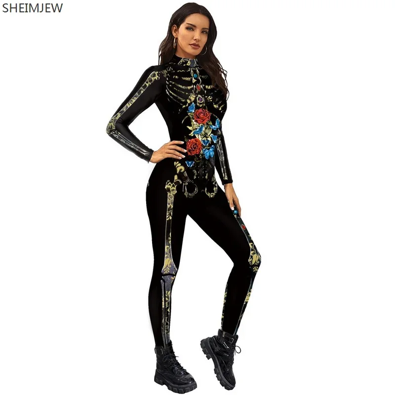 

2023 Adult Halloween Cosplay Costumes Skeleton 3D Printing Bodysuits Women Sexy Slim Elastic Jumpsuit Long Sleeve Catsuit