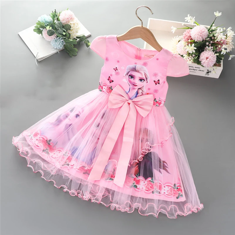 2024 Summer Frozen Elsa Anna Princess Dress for Girls Pretty Korean Kid Birthday Party Costume Vestidos Bow Tie Outfits Clothing