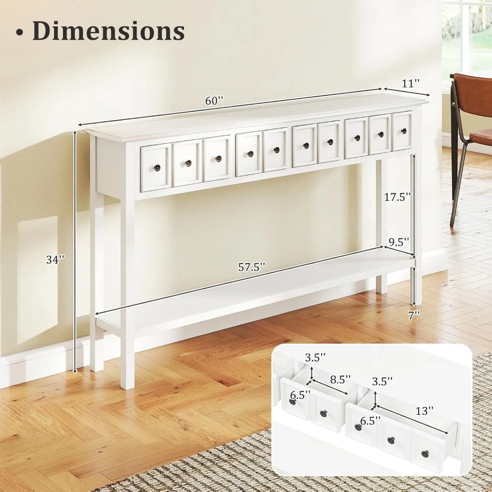Modern Farmhouse Style Console Table with 4 Drawers and Open Shelf for Entryway, Long Narrow Design