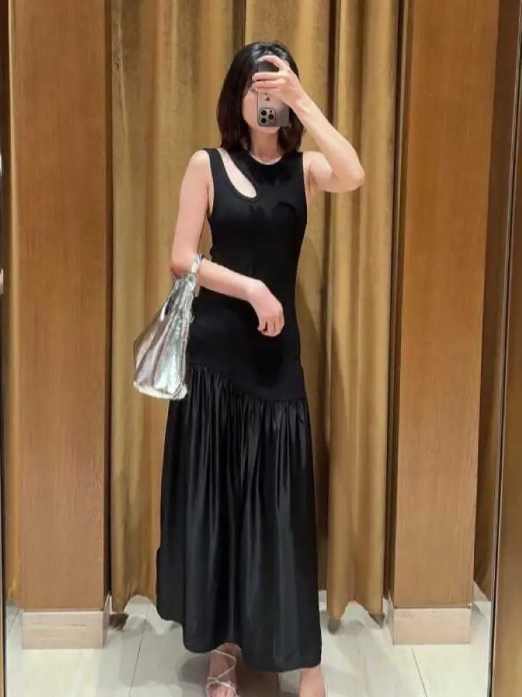 

Women Knit Spliced Black Robe Hollow Out Sleeveless Round Neck Solid Color Elegant Summer 2024 Female Long Dress