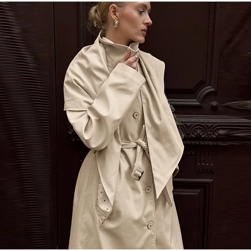 Solider Trenchcoat mit gepunktetem Futter, doppelseitiger Cape-Jacke mit Gürtel, tailliert, mit Knöpfen, Herbst 2026, Damenmode, Streetwear-Jacke – Detail 12