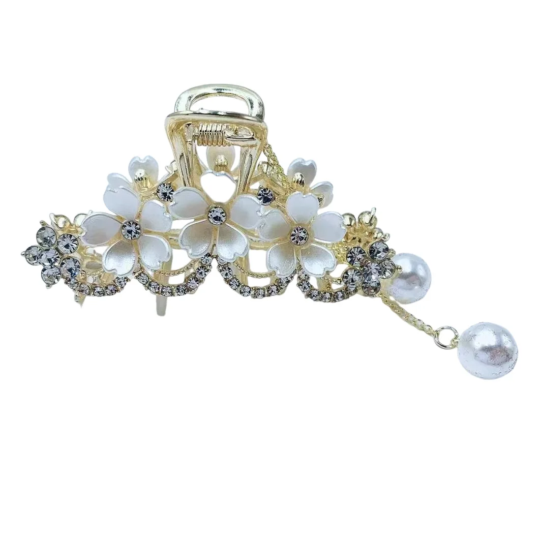New Camellia Flower Rhinestones Temperament Imitation  Pearl Tassel Hair Claws for Women Sweet Elegant Metal Head Accessories image 5