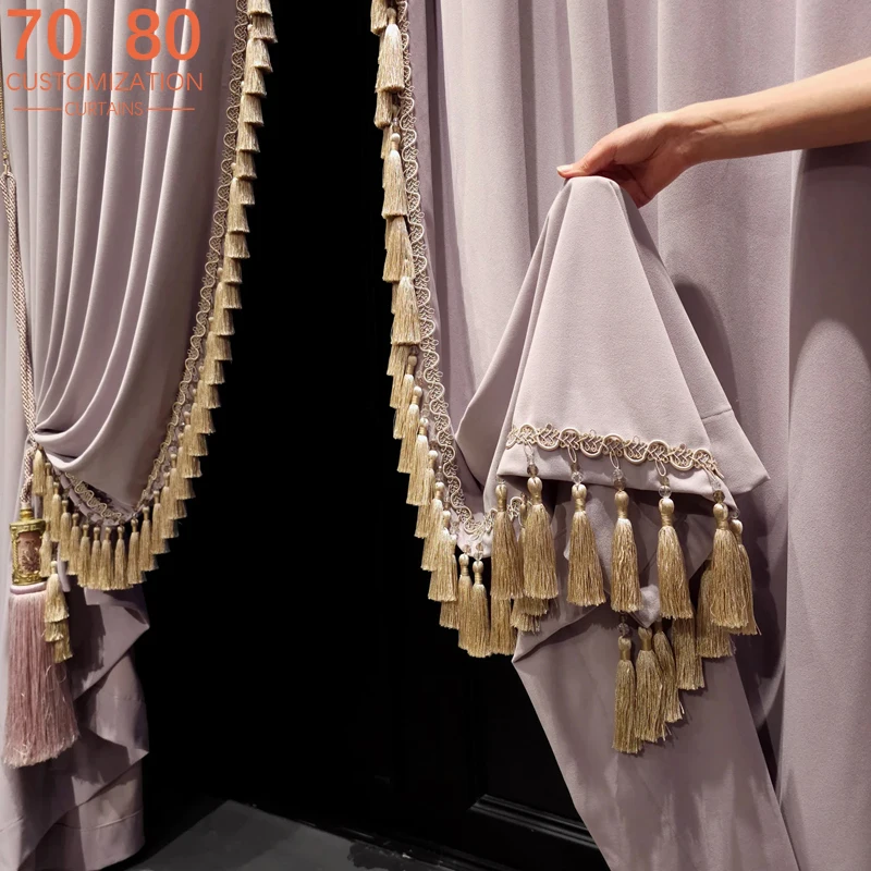 New Light Purple Velvet Lace Patched Curtains for Living Room Bedroom French Window Balcony Floating Window Customized Villa