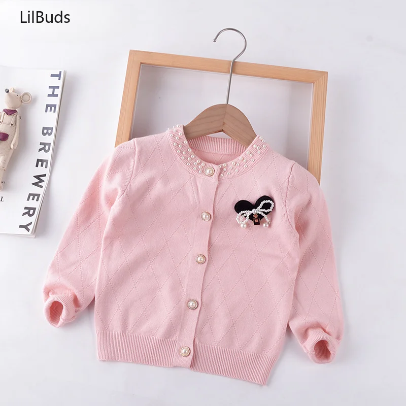 

2024 Girls Cardigan Pearl Bow Solid O-Neck Kids Children Jacket Knitwear Baby Clothes Sweater Toddler Coat Spring Autumn Outfit