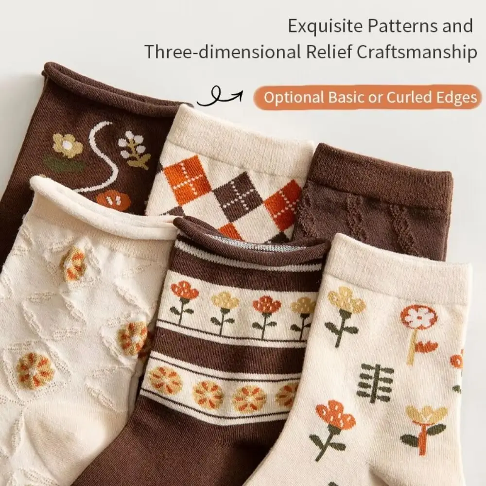 

Носки-тапочки, носки средней длины с милым цветком, утолщенные дышащие носки с цветочным принтом, теплые чулочно-носочные изделия, вязаные носки средней длины для девочек