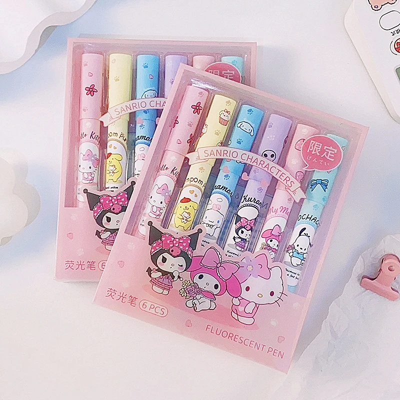 6 buah pena Highlighter Sanrio Hello Kitty Set Kawaii Kuromi Melody Cinnamoroll seni spidol neon pena sekolah kantor Statione