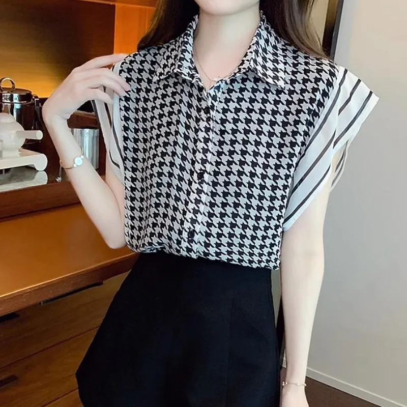 Temperament Plaid Patchwork Blouse Summer New Polo Neck Thin All-match Youth Elegant Shirt Tops Fashion Korean Women Clothing