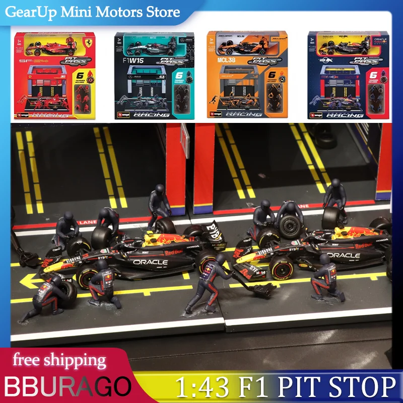 BBURAGO 1:43 formule 1 Pit Stop série McLaren MCL38 AMG Petronas W15 Red Bull RB20 et Ferrari SF-24 équipe affichage modèle collecteur