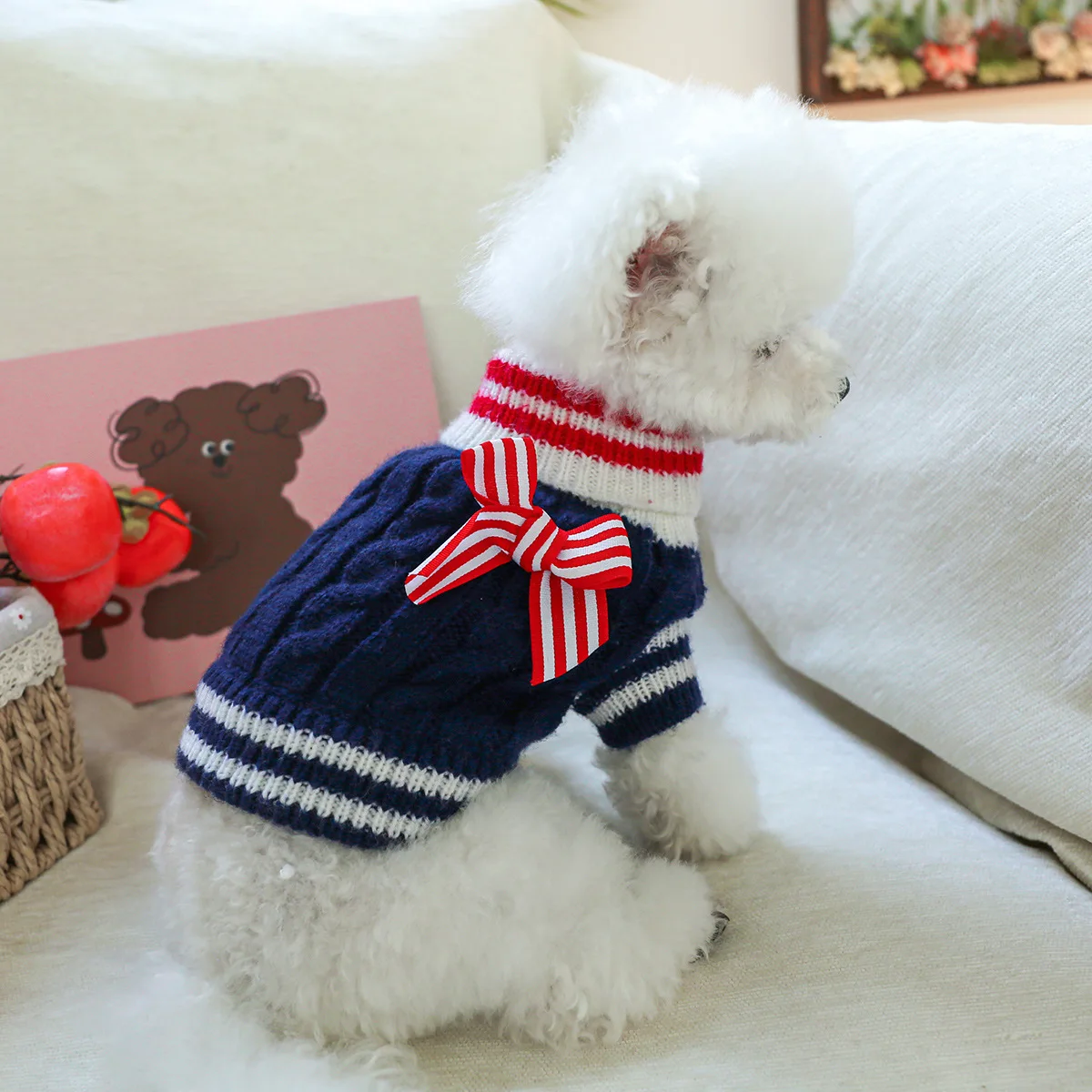 Pet High Neck Sweater Autumn and Winter Striped Knitted Sweater Dog Cat Bow Navy Coat Dog Christmas Clothes Puppy Clothes