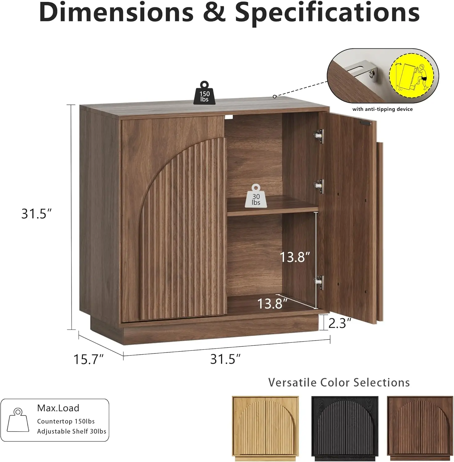 Fluted Sideboard Buffet Cabinet with Storage, 31.5 Mid Century Modern Accent Cabinet with Double-Layered Arch Door, Smal