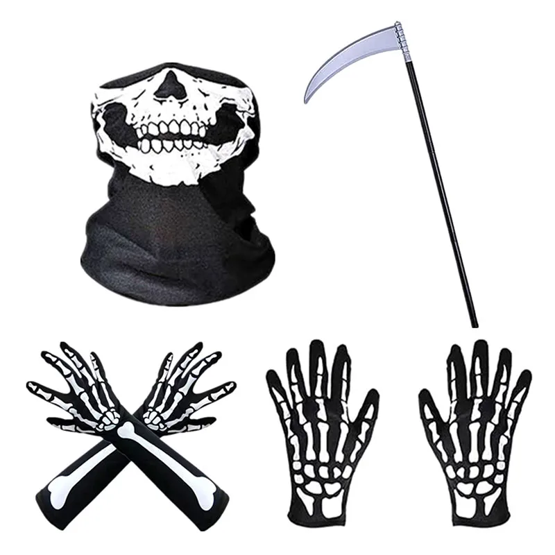 Halloween Skeleton Gloves Costume Spooky Grim Reaper Mask Cosplay Horror Vampire Party Scythe Costume Adult Child