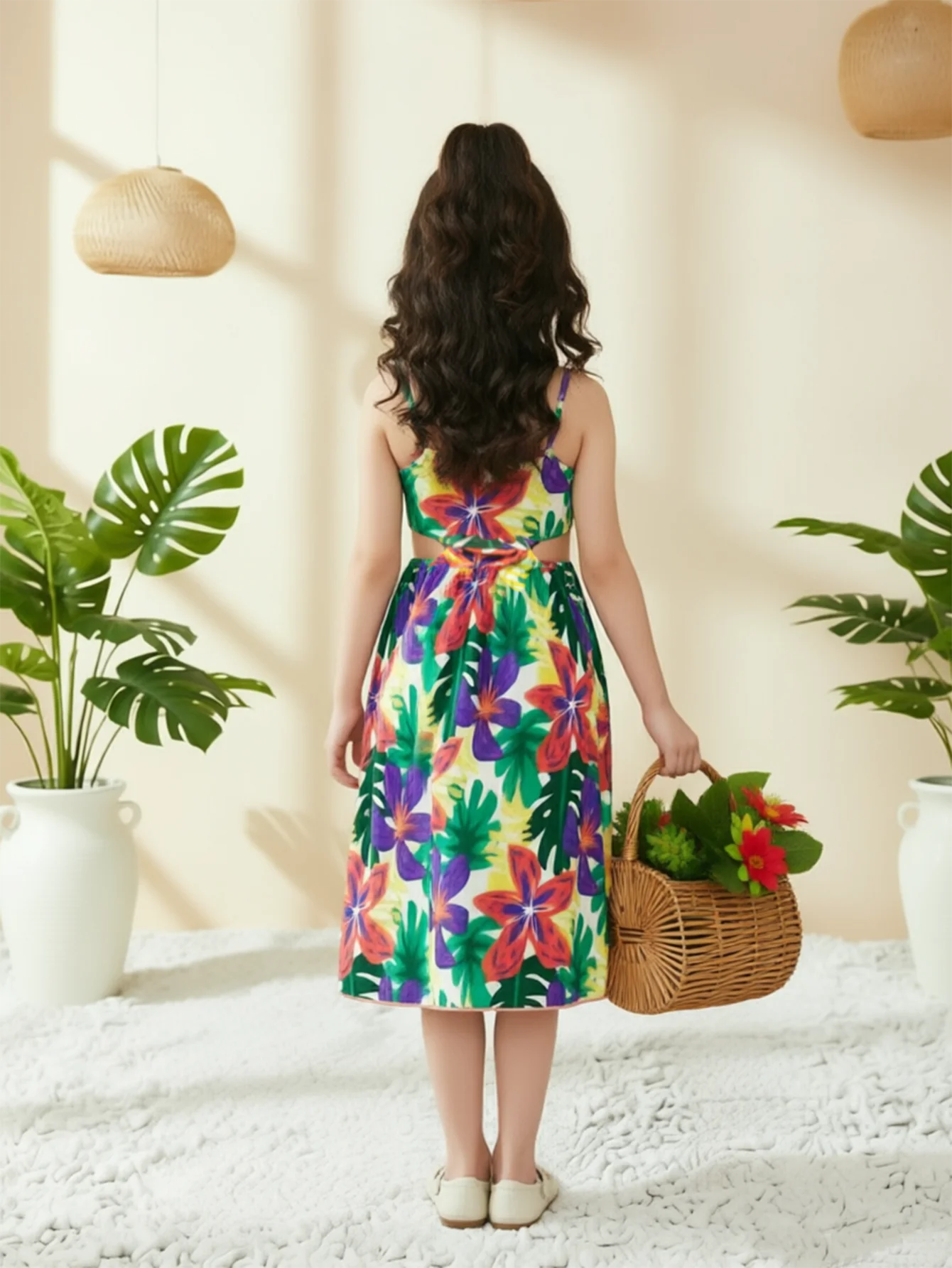 Sommerkleid für Mädchen mit Tropischem Blumendruck, Spaghetti-Trägern, Langes Strandkleid, Boho / Hawaiian Party Kinderkleidung 5-12 Jahre – Detail 6