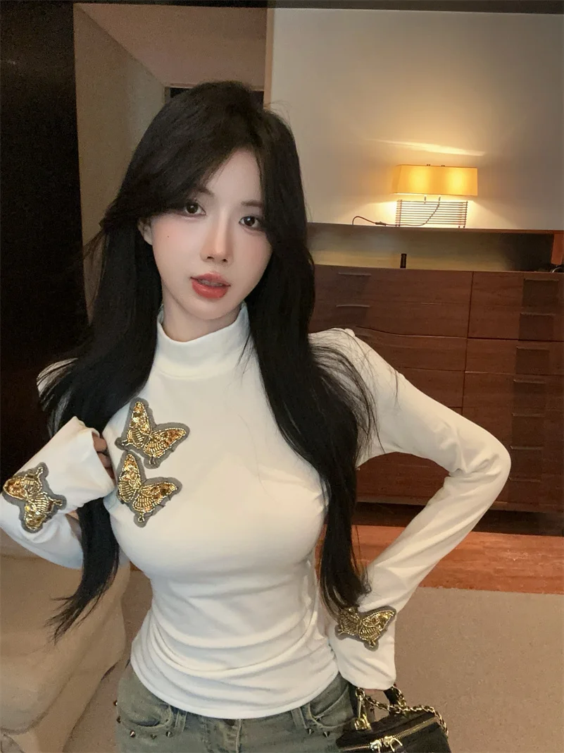 

Elegant Autumn Winter Women's Long Sleeve Embroidered Heavy Work Base Shirt Half High Collar Design Slim Fit Top