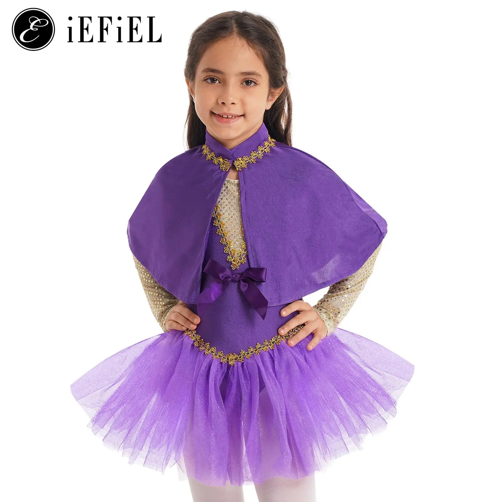 Girls Classic Ringmaster Showman Halloween Cosplay Costume Shiny Leotard Tutu Dress with Cape Gloves Acrobat Tumbling Dancewear