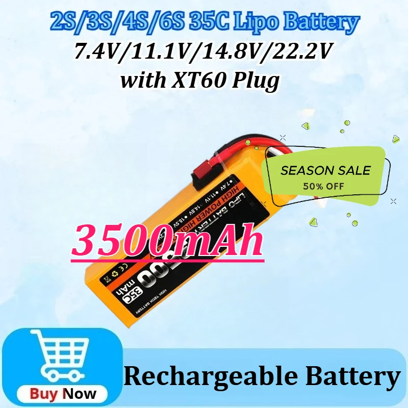 

New Upgraded for Fixed -Wing Drones FPV Racing Drones 7.4V/11.1V/14.8V/22.2V 3500mAh 2S/3S/4S/6S 35C+XT60 Plug RC Lipo Battery