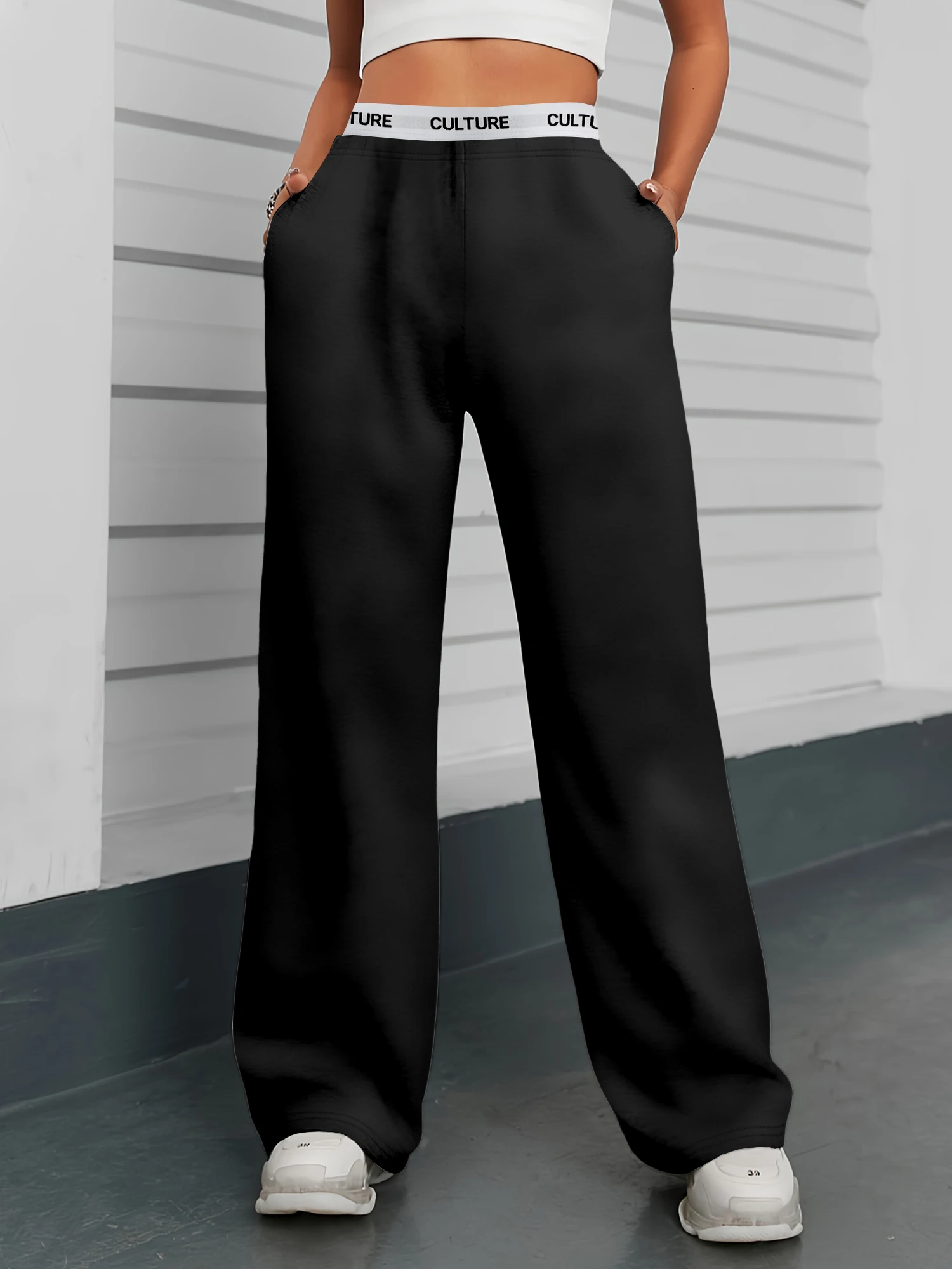 الأكثر مبيعا السراويل الرمادية واسعة الساق المرأة مريحة فضفاضة "الثقافة" بنطلون حزام الخصر #6