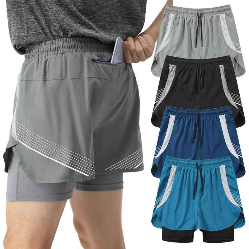 2-in-1 strand-zweetshort voor heren met dubbeldeks en zak Marathon atletische compressie-joggingbroek Hardlooptraining korte broek