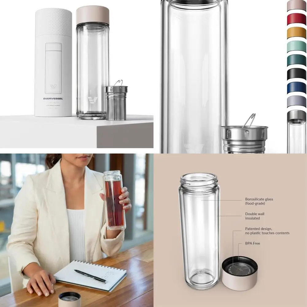

Double Wall Glass Tea Infuser Bottle, 14oz, No Plastic Contact, Ideal for Office and Home Use, Beige