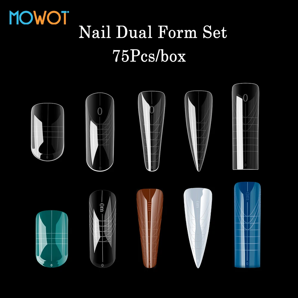 

MOWOT 75Pcs/box 15 Size Nail Dual Form Sets Colorful Clear Nail Extension Molds Acrylic Full Cover Nail Top Forms Manicure Tools