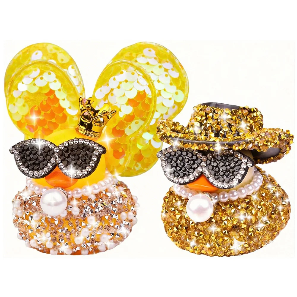 Luxury Gold Diamond Rubber Duck,Car Duck Ornament Funny Car Dashboard Decoration Ducks with Cowboy Hat Wing for Office Home