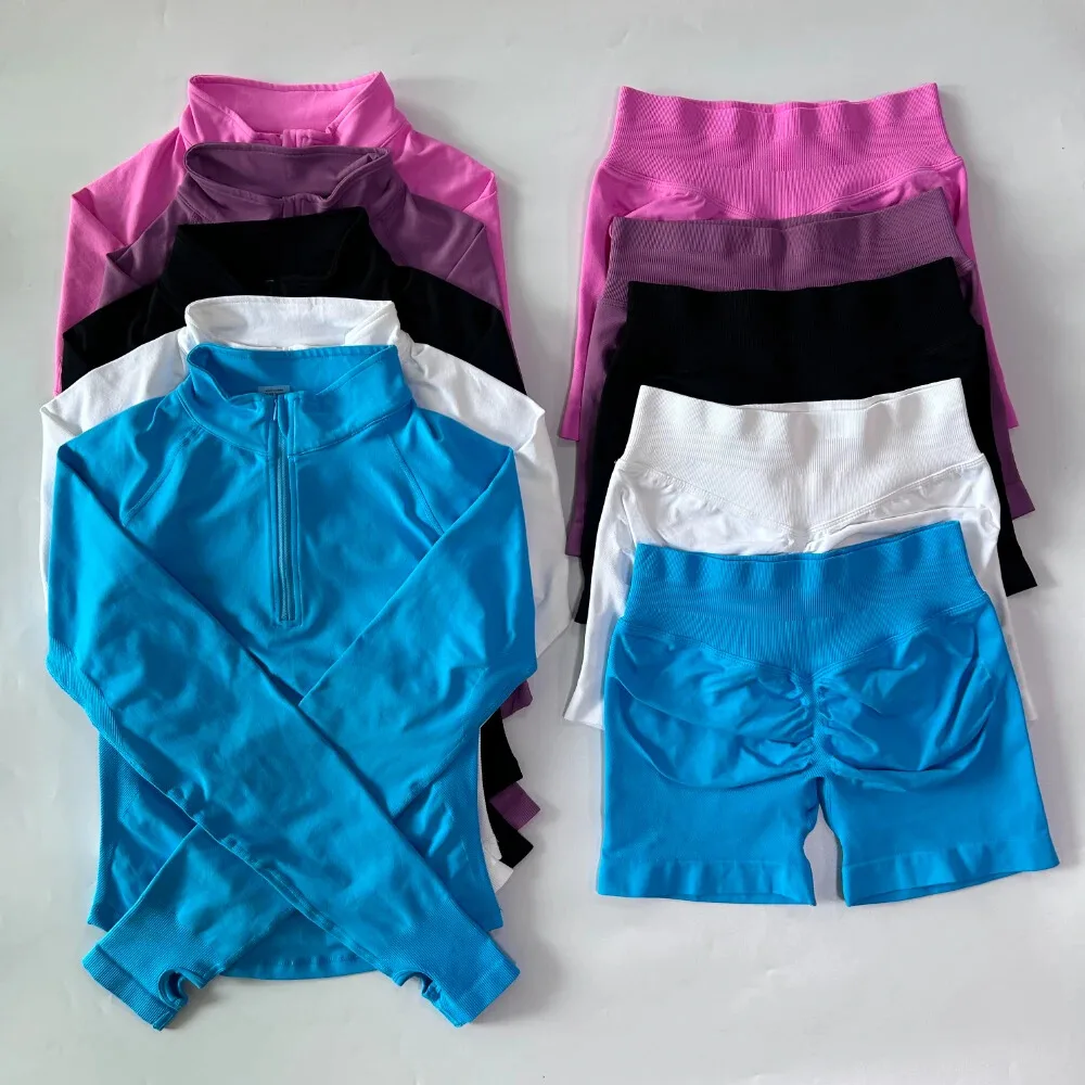 

Комплект для йоги с длинными рукавами для женщин, шорты для бега с высокой талией и топ для тренировок, бесшовный спортивный костюм из 2 предметов, одежда для фитнеса и отдыха