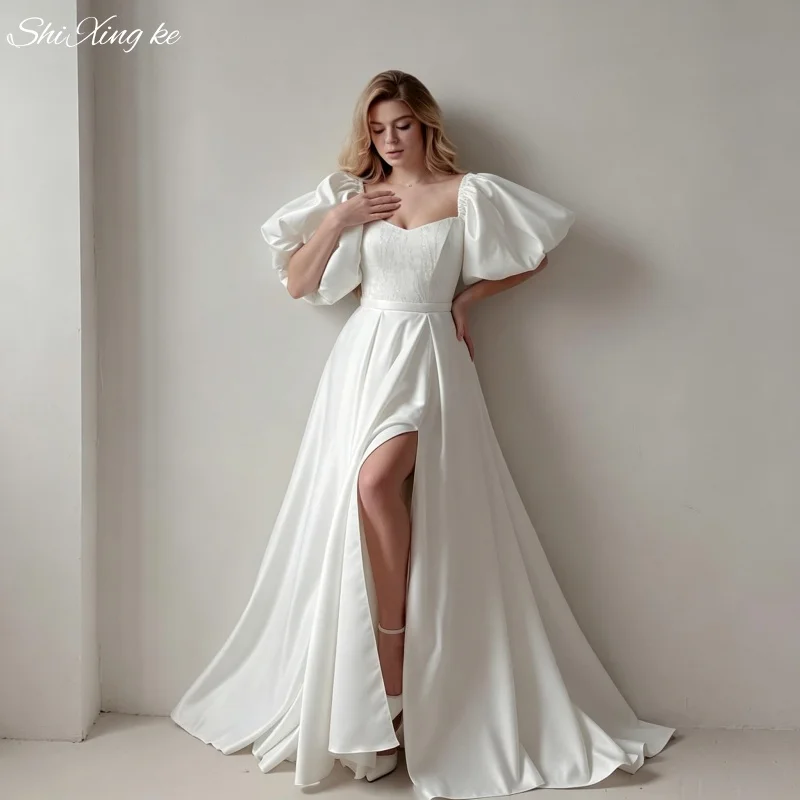Shimmer Sequined Wedding Dress 2026 Off‑Shoulder Puff Sleeve High Split Vestidos De Novia Customized
