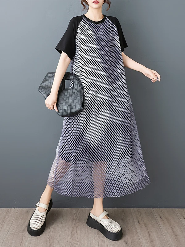 เสื้อถักไหมพรมทรงตรงสไตล์เกาหลี ลายมัดย้อมแบบโปร่ง ดีไซน์หลวม ยาว  แบบสองชิ้นปลอม  แฟชั่นฤดูร้อน