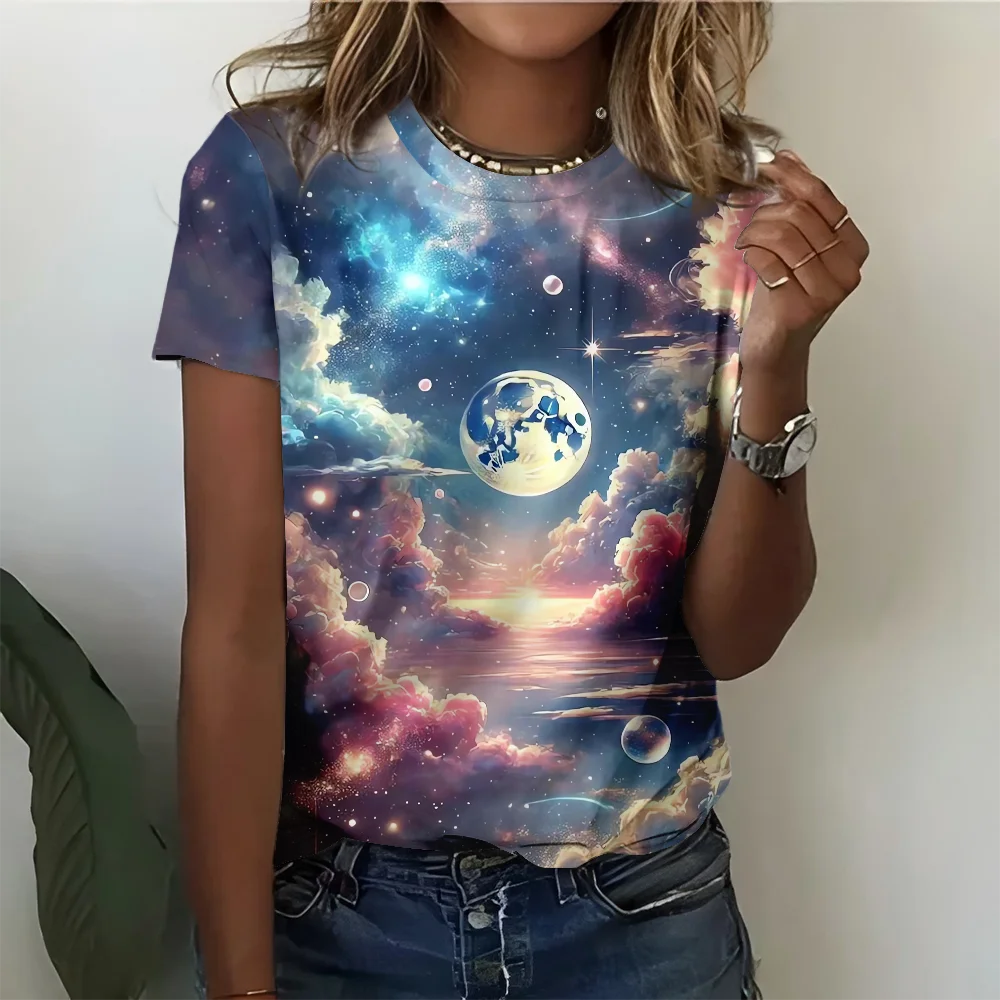 

Galaxy Starry Sky Planet Art Women's T-shirt Casual Fashion Loose Comfortable Deep Blue Short Sleeve