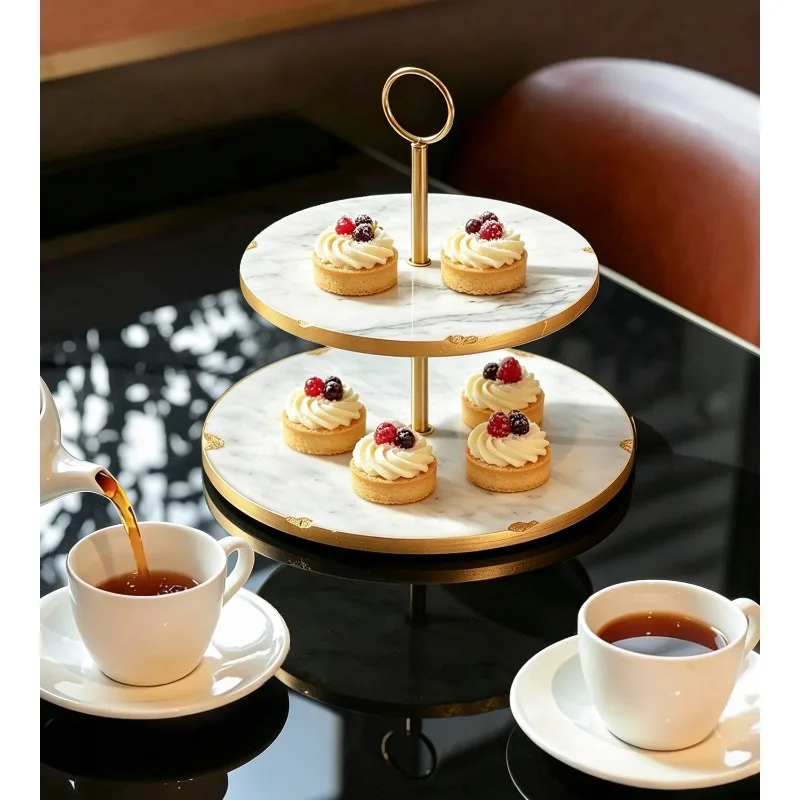 Natural Marble 2 Tier Cake Stand Nordic Luxury Afternoon Tea Dessert Table Display Rack Dual Layer Desk Storage Serving Tray