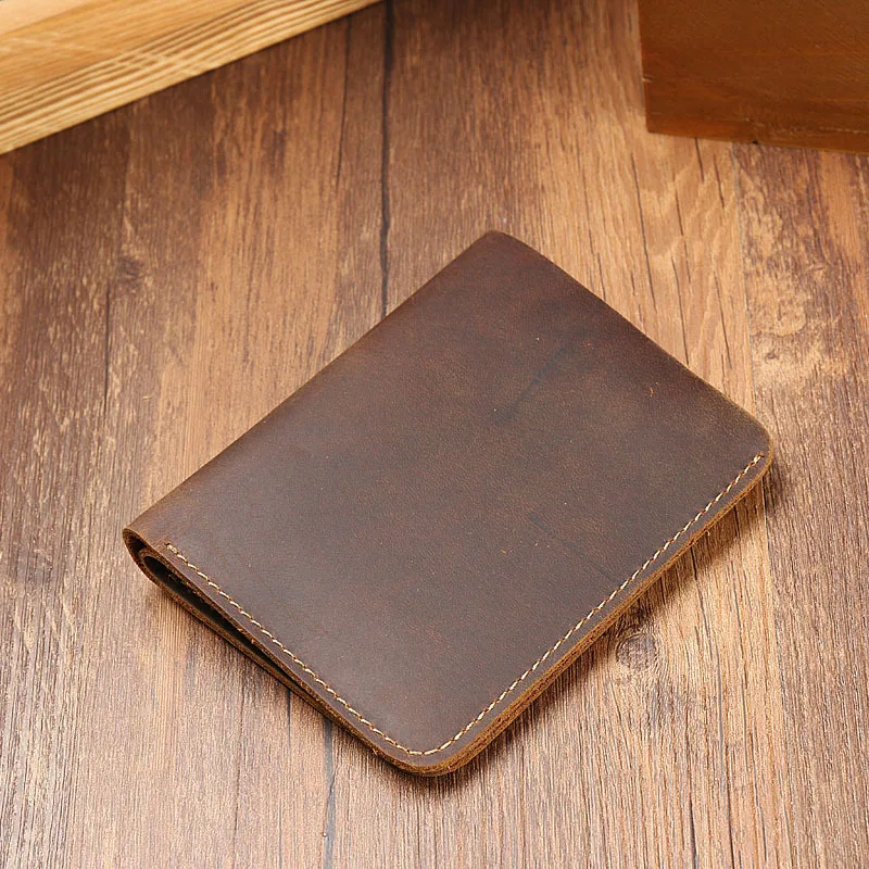 Men's Crazy Horse Leather Short Wallet | Handmade Vintage Minimalist | Top Grain Cowhide Personalized Gift Billfold | Elegant