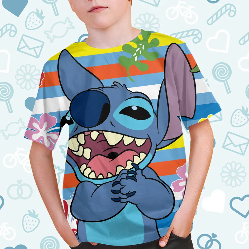 Lato 2024 Disney Lilo Stitch 3d T Shirt dla dzieci kreskówka ścieg graficzny koszulki w stylu Casual chłopców dziewcząt Disney koszulka z motywem Anime Street Tshirt