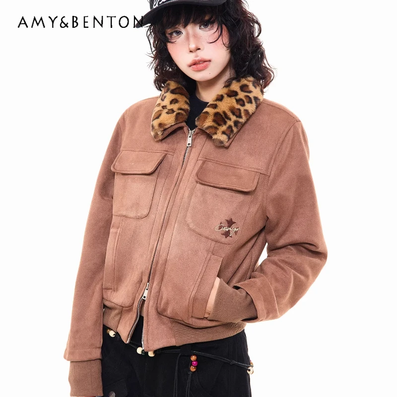 

American Retro Suede Leopard Print Fur Collar Women's Cardigan Coat Autumn Winter New Sweet Cool Versatile Short Jackets Ladies