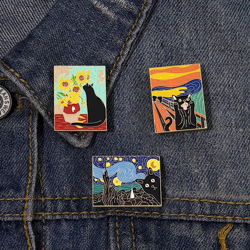 Öl Malerei Schwarz Katze Emaille Pins Starry Sky Blume Revers Pin Kleidung Hut Schmuck Zubehör Metall Brosche Abzeichen für Freunde