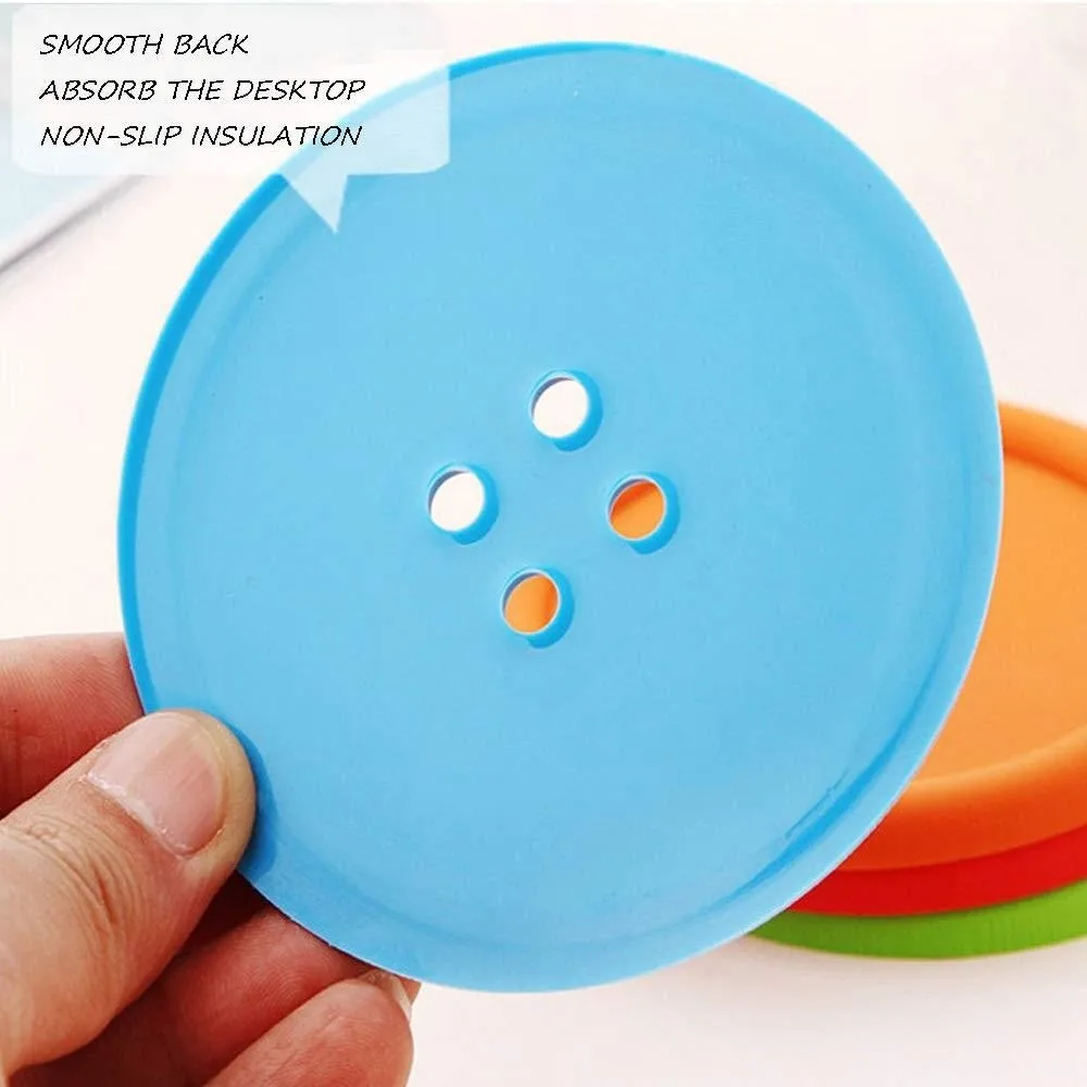 10pcs Funny Non-slip Four-hole Button Coasters 5 Colors Soft Silicone Cup Pads Round Creative Insulation Cup Mat Party