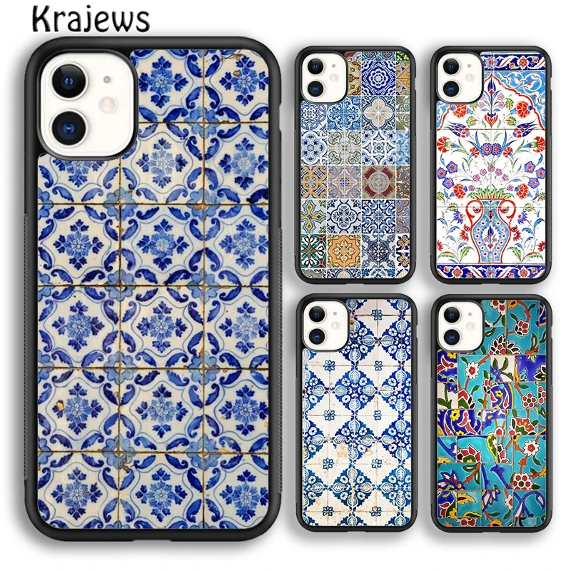 Krajews ANCIENT Floral Tiles Phone Case Cover For iPhone 16 15 14 plus XS XR 11 12 mini 13 pro max coque Shell Fundas