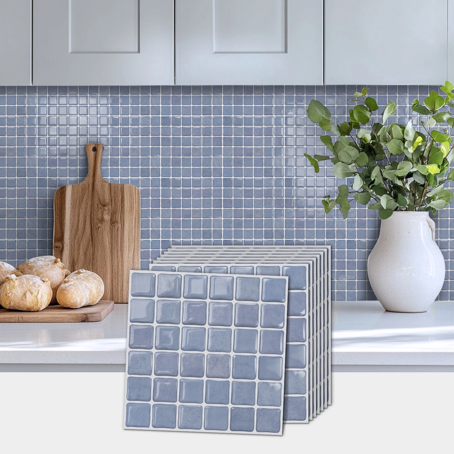 3D Light Blue Mosaic Tile Sticker 6x6 inch Self-Adhesive Waterproof Kitchen Bathroom Splash Proof Decoration