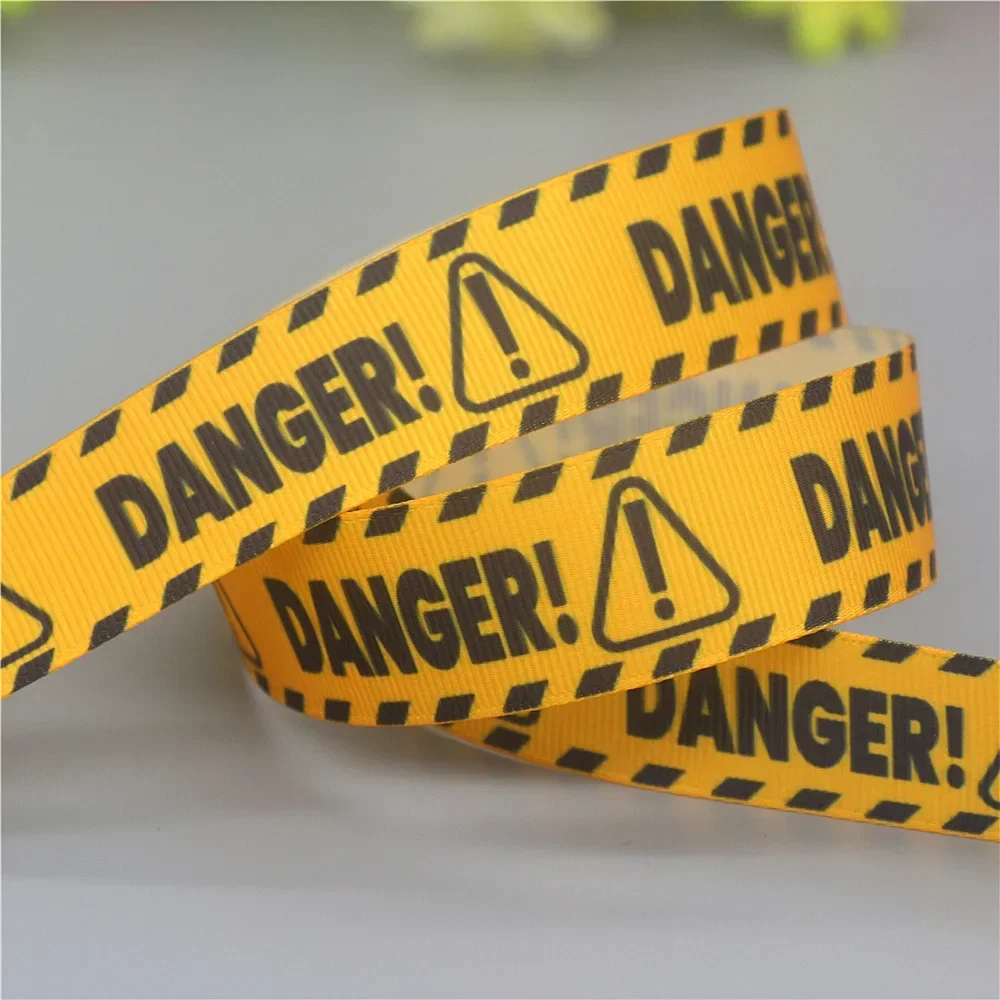 DHK 7/8\'\' 5yards Stop Danger Warning Printed Grosgrain Ribbon Accessories Material Headwear Decoration DIY Sewing Craft C2612