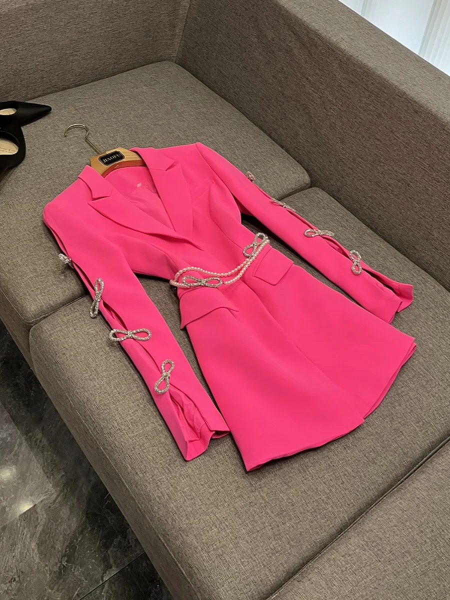 

New Design Hollow out Bow Sve Diamond Pearl Waist Belt Suit Dr Women Long Sve High Waist A-Line Dr