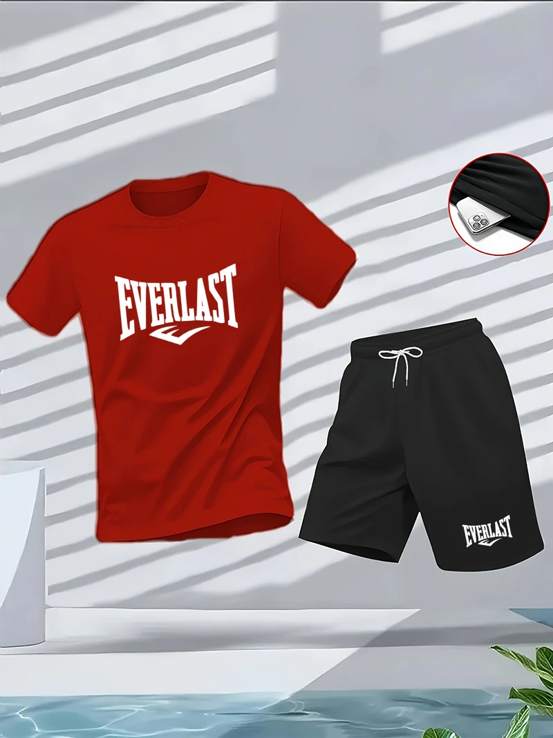 Summer Men's Set: Round-Neck Short-Sleeved T-Shirt, Five-Inch Shorts, Fashionable, Casual, Fitness, and Slimming Two-Piece Outdo